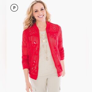 CHICO’S Red Lace Cutout Crochet Bomber Jacket Size Small